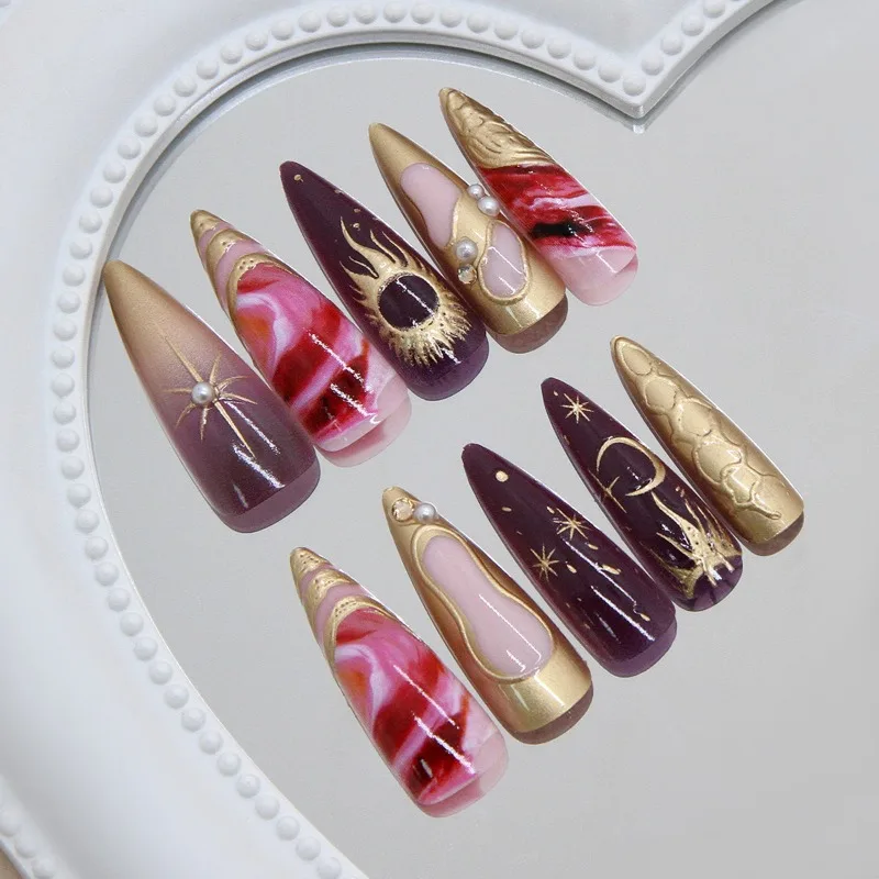 24 Stück Lange Stiletto Aufklebenägel Süße Coole Goldene Stern Dunkelviolette Farbverlauf Französische Künstliche Nägel für Spice Girls mit Charme