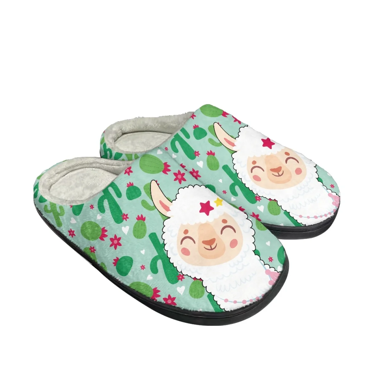 Kawaii Alpaca Cactus Flower Pattern Ladies Autumn Winter Round Toe Home Cotton Slipper Brand Design Comfort Keep Warm Plush Shoe