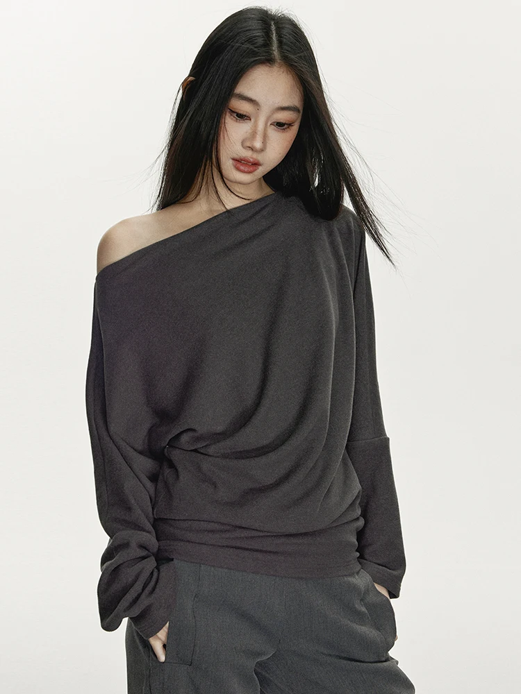 

Anna Aneae Design Sensation Long Sve T-irt Women's Loose Casual Inner Wear oulder Slanting Top Trendy Knitted Casual Wear