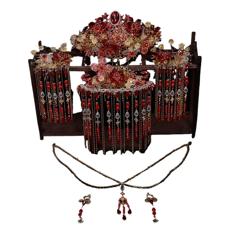 

Bridal Xiuhe Headgear Luxury Atmospheric Red Glazed Flower Phoenix Crown Wedding Hair Accessories