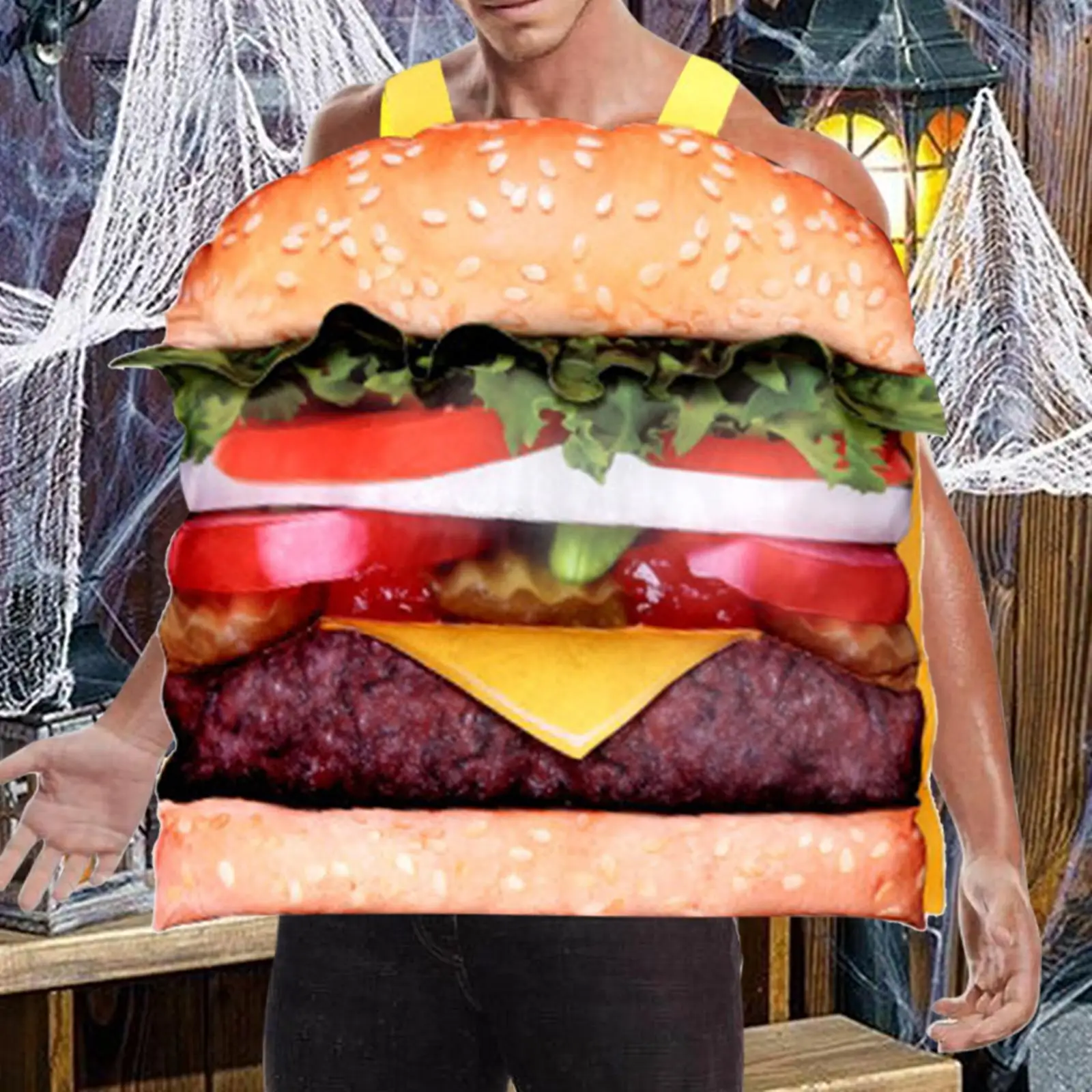 Kostum Hamburger Halloween, gaun Cosplay mewah, aksesori kostum untuk dekorasi pesta panggung teater Tahun Baru