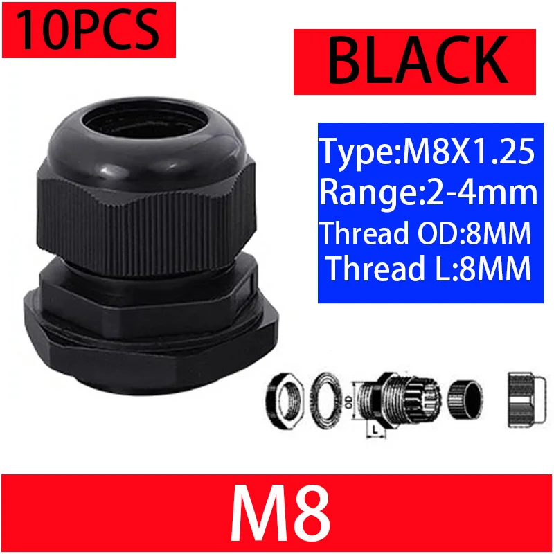 10PCs Wasserdichte Kabelverschraubung Schwarz Kunststoff Dichtung Joint Nylon M8 M10 M12 M16 M20 M25 M32 IP68 Weiß Kabel Befestigung nylon Stecker