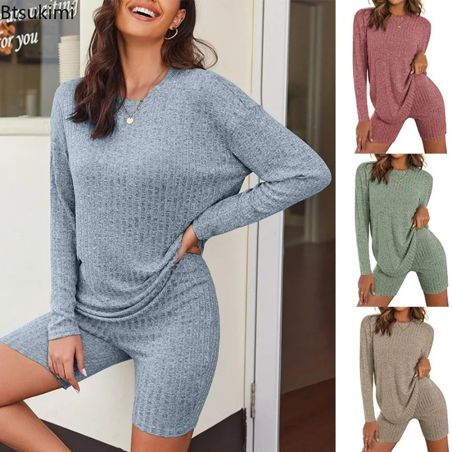 

2024 Women's Casual Pajamas Lounge Sets Ribbed Knit Matching Outfits Long Sleeve Biker Shorts Set Sleepwear Loungewear for Women