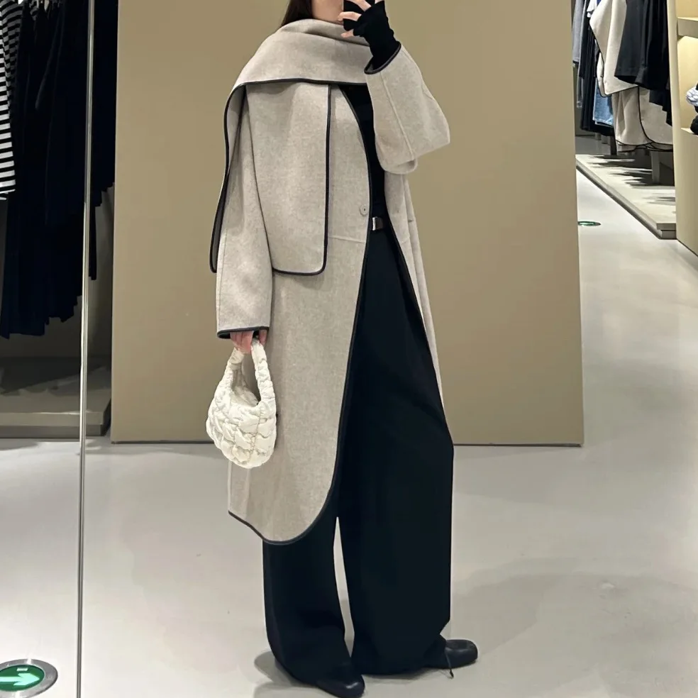 

Casual Sle Leather Trimmed Scarf Coat Pure C Home Sle Women's Faion Autumn Long Sve High Collar Single Button Closure