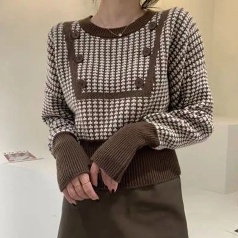 Zoki Houndstooth Vintage Sweaters Women Long Sleeve Casual Patchwork Knitted Jumpers Korean Loose O Neck Retro Buttons Pullovers