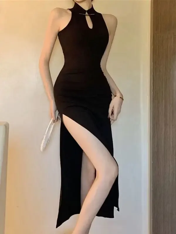 

Черное новое улучшенное платье Qipao без рукавов в китайском стиле, женское летнее платье с запахом на талии, длинные сексуальные вечерние платья Cheongsam с разрезом