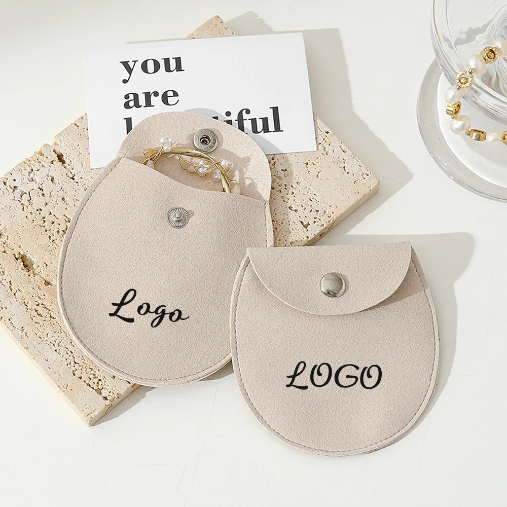 

Stamping Printed Custom Suede Half Round Bottom Bags Bracelet Packaging Jewelry Pouch Wedding Gift Snap Button Microfiber Bag