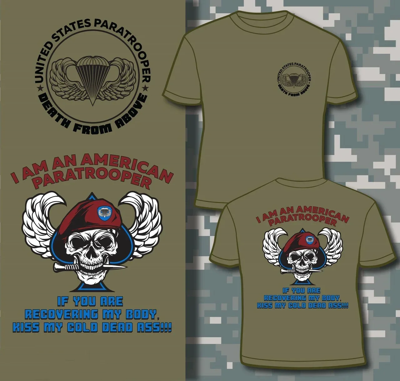 US Army Paratrooper 82nd Airborne 101st Skull and Jump Wings T Shirt. Short Sleeve 100% Cotton Casual T-shirt Loose Mens Top New