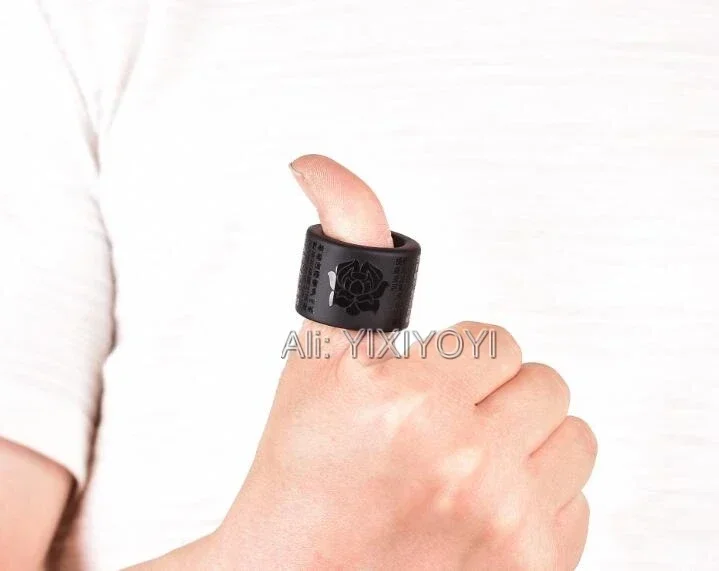Wonderful 35mm Outside Natural Black Obsidian Carved Lucky Lotus Buddhism Heart Sutra Large Thumb Ring Fine Man\'s Rings Jewelry