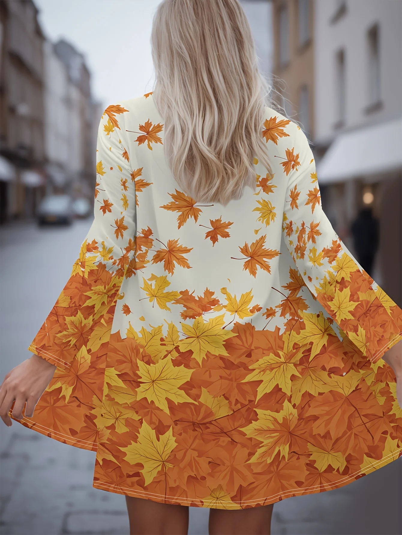 سترة نسائية عصرية بأكمام طويلة مطبوعة بأوراق القيقب، بوليستر مفتوح من الأمام، غطاء خفيف الوزن، معطف كاجوال للربيع والخريف