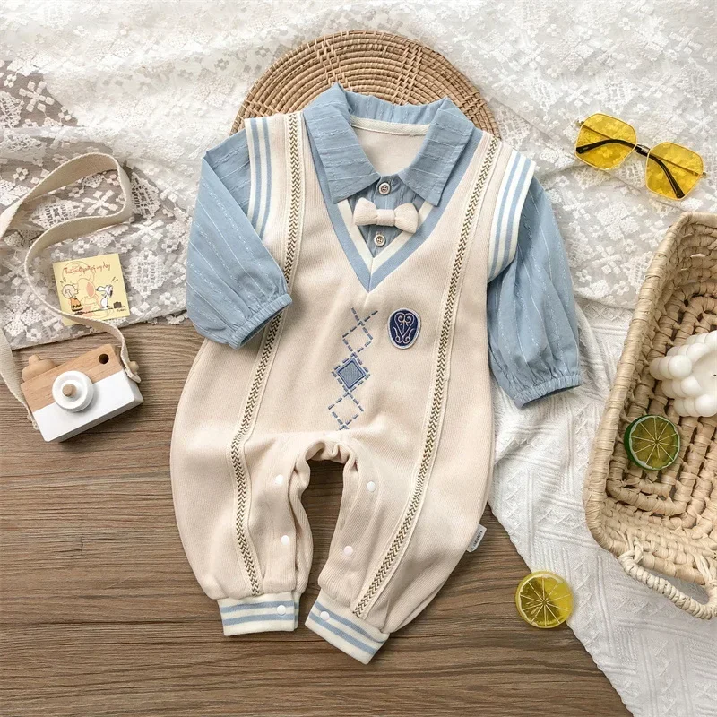 Baby Boy Romper Long Sleeves Blue Apricot Patchwork Bowtie Turn-down Collar Jumpsuit Infant Gentleman Clothes E2205