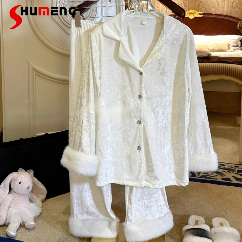 

Роскошный комплект домашней одежды высокого класса для женщин, оригинальные бархатные пижамы из меха норки, женские осенне-зимние японские костюмы для сна