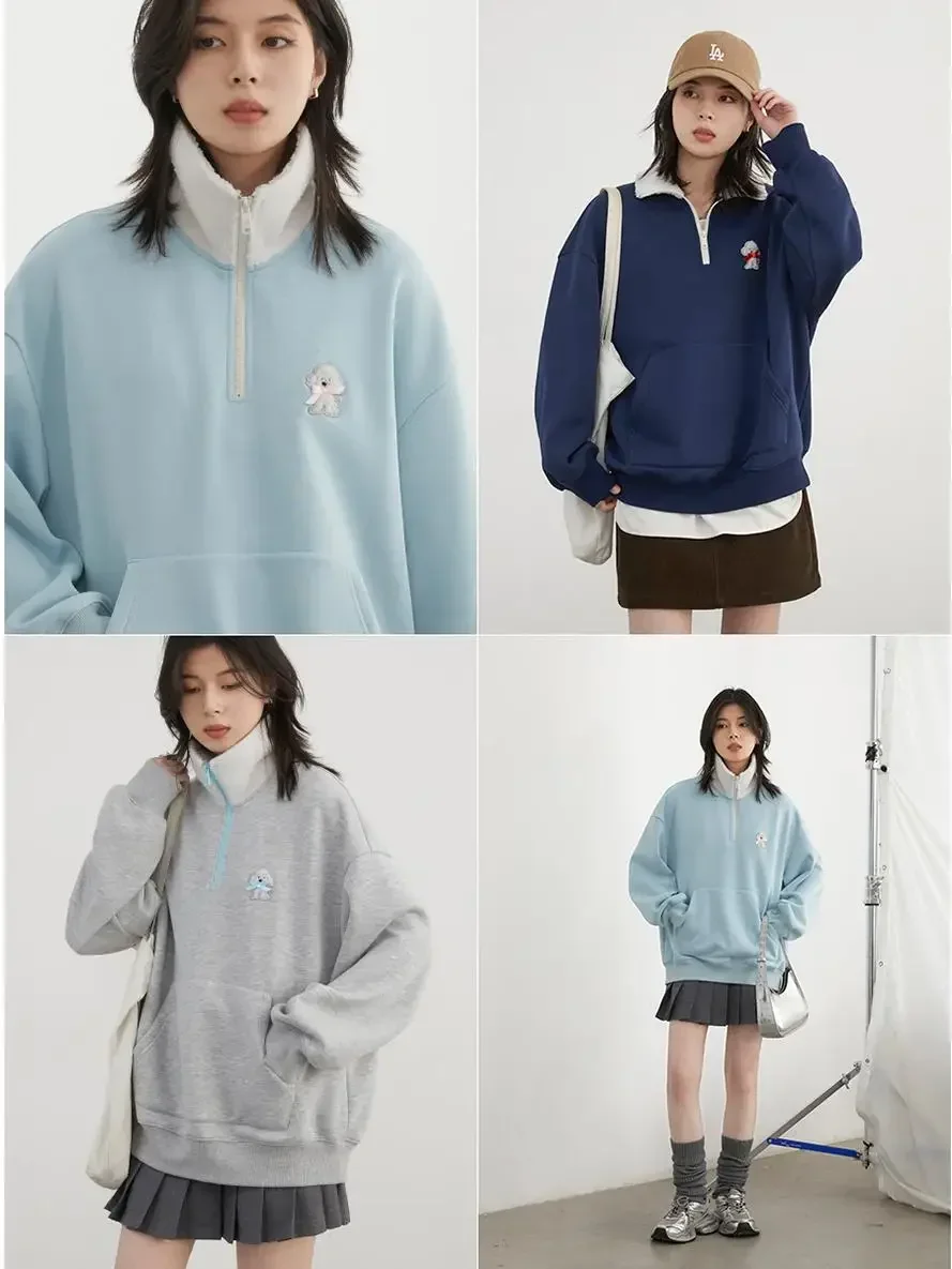 CHIC VEN Korean Women Sweatshirts Loose Stand Up Collar Plush Pullover Cartoon Embroidery Hoodie Fleece Female Top Autumn Winter