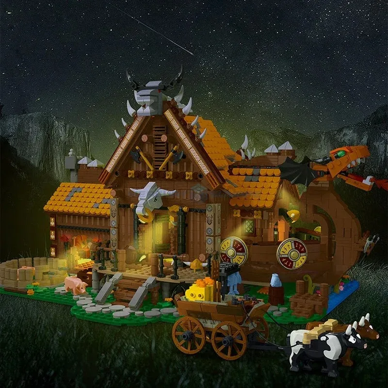 3129 sztuk dom wikingów cegły zestawy zabawek ze światłem montaż klocki Model kreatywny widok ulicy zabawki edukacyjne prezenty