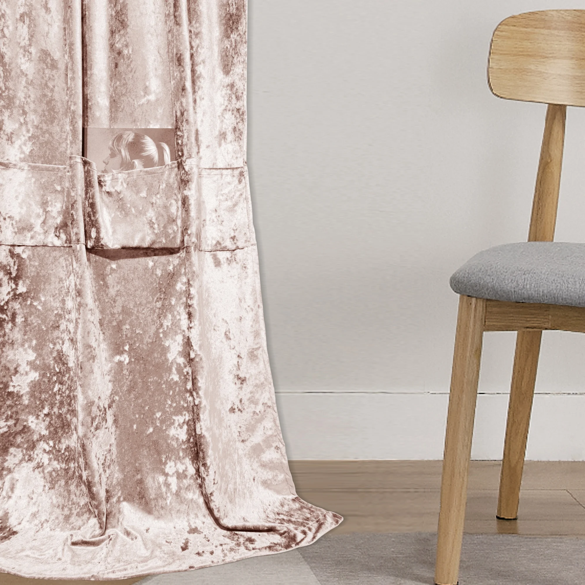 

2Pcs Soft Velvet Window Curtains with Storage Pockets, Hold Books/Phone, Living Room，Home Decor