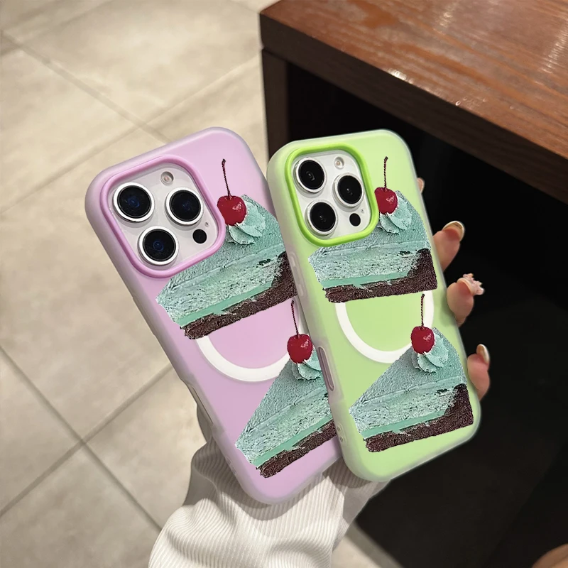 マグネット式シンプルミニマリストグリーン抹茶チョコレートケーキ風iPhone 16/15/14/13/12/11 PROMAX用シリコン製スマホケースカバー