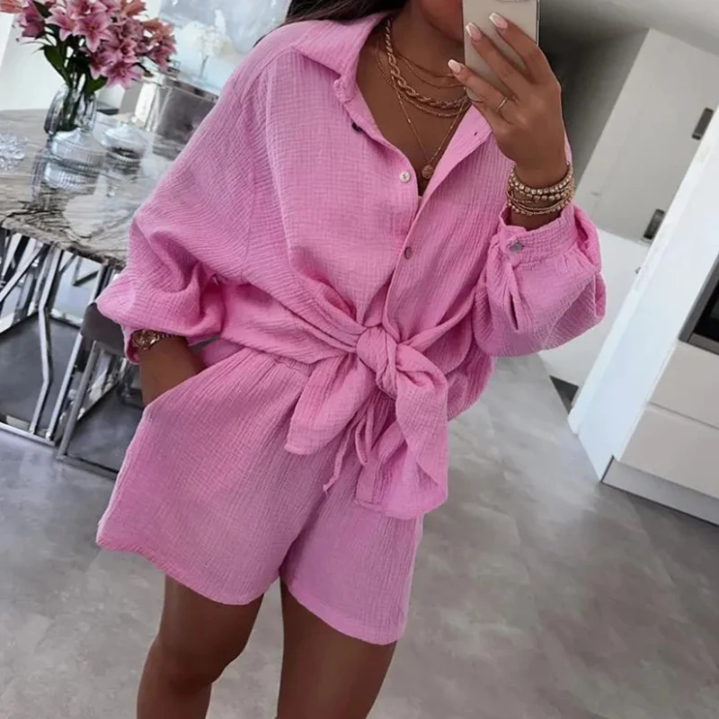 

2024 Casual Lapel Long Sleeved Shirt + Shorts Outfits Office Ladies Single Breasted Loose Suit Elegant Lace Up Solid Color Sets