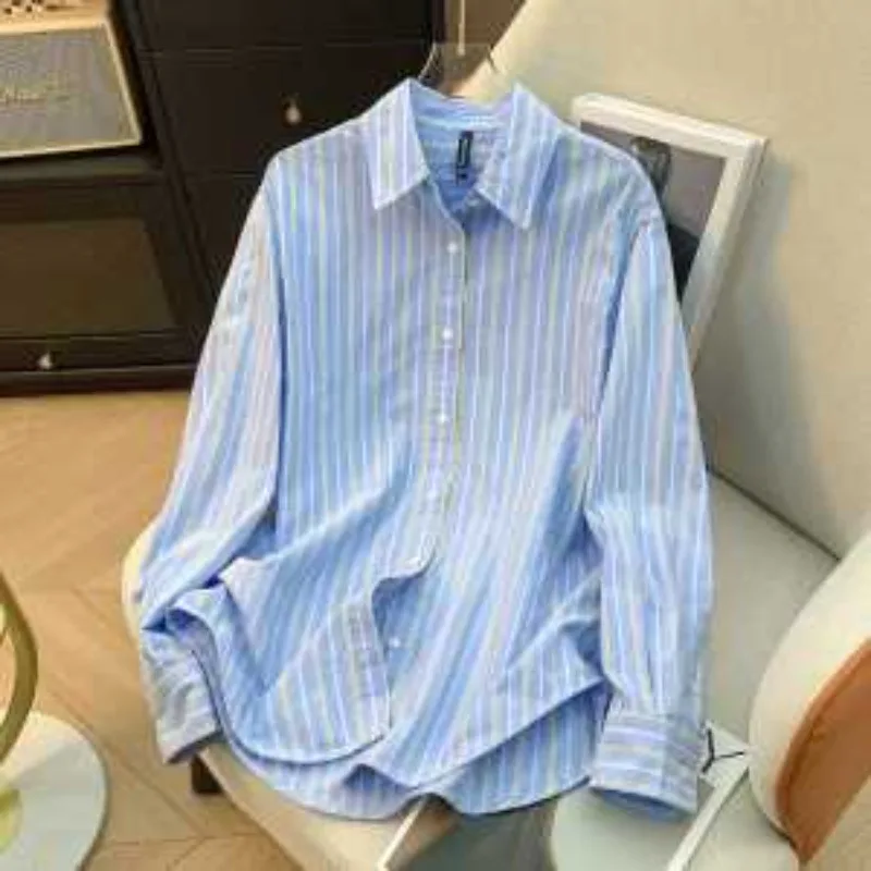 

Fashion Colorful Striped Cotton Shirt Women's Long-sleeved Spring Autumn Versatile Temperament Casual Woven Top
