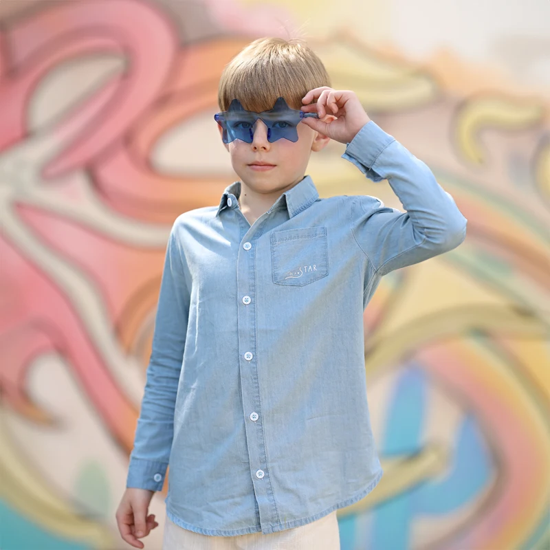 Summer Denim Blue Matching Family Clothes Set Girls Dress Boys Shirt with Star Designs and White Stripes for Siblings