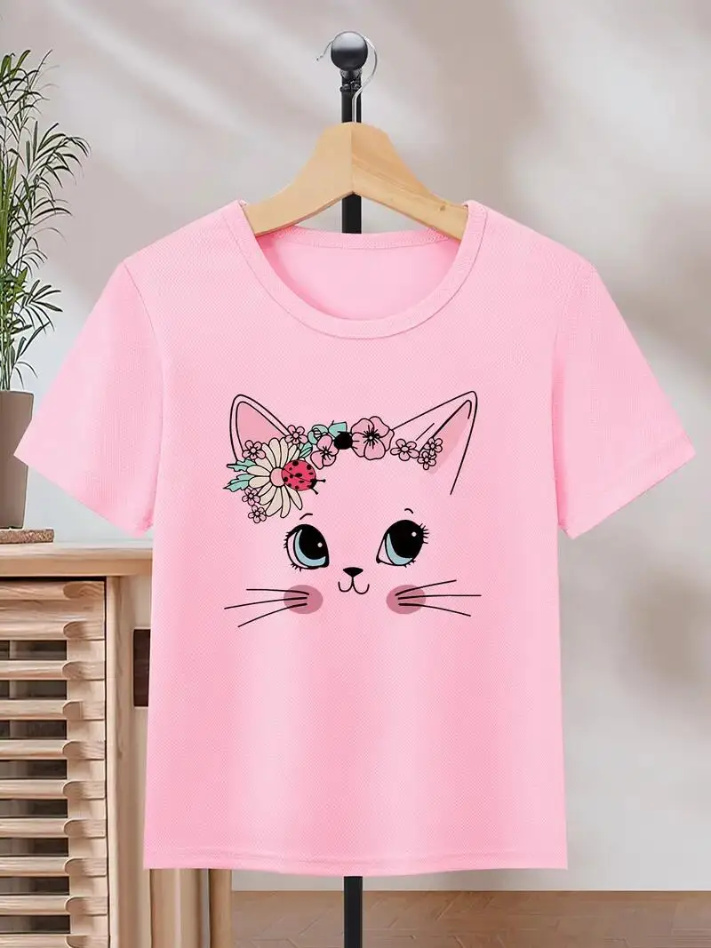 Adorable Flower Kitty Graphic T-shirt, Crew Neck Short Sleeve Pullover Girls Summer Clothes