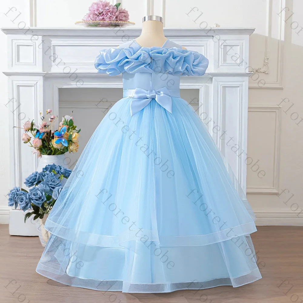 Customized Light Blue Tulle Flower Girl Dress Off Shoulder Ruffled Bodice Embroidered Long Gown for Wedding Pageant Party Kids
