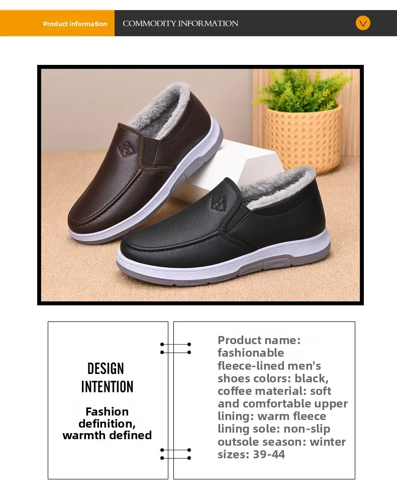Herren-Winterschuhe mit Fleece-Futter, lässiger Schnitt, zum Hineinschlüpfen, wasserdichtes PU-Obermaterial, rutschfeste, dicke Sohle, warmes Schuhwerk für ältere Herren. – Detail 4