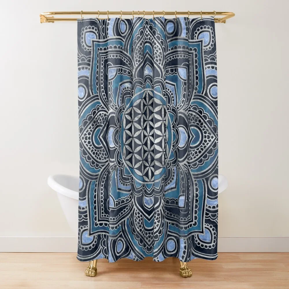 

Flower of Life in Lotus Mandala - Blue Crystal and Silver Shower Curtain Cover Curtain