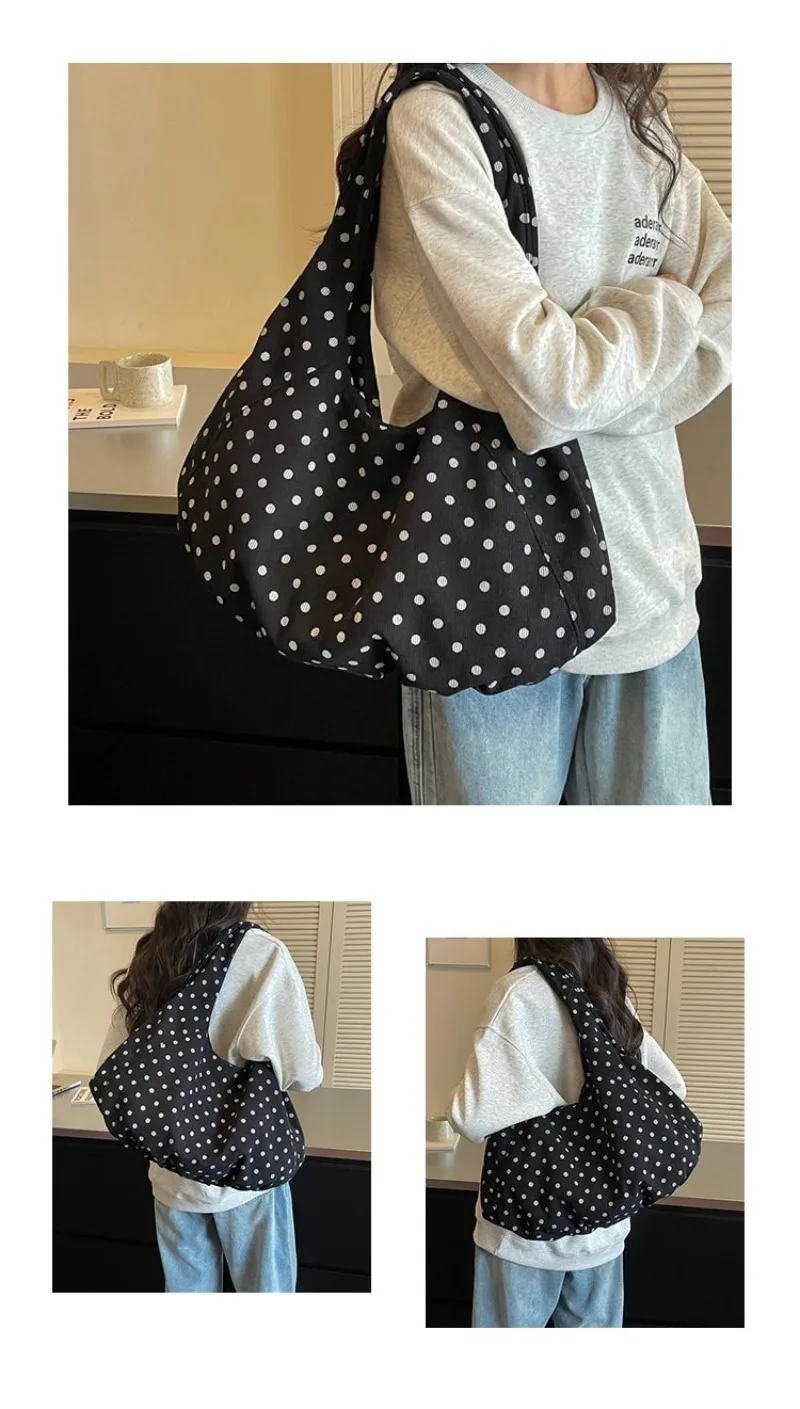 CEEKAY Canvas-Tasche mit Polka-Dot-Muster, Hobo-Stil, breiter Träger, geraffte Falten, vielseitig einsetzbar, für den täglichen Gebrauch, Freizeit, große Kapazität, Damenhandtasche. – Detail 20