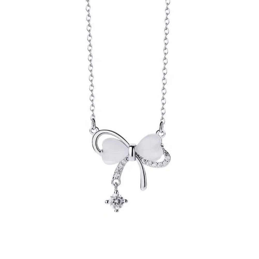 

Opal Bow Tassel Necklace for Women Simple Fashion Design Clavicle Chain Alloy Material Silver Color Suitable for Daily Wear