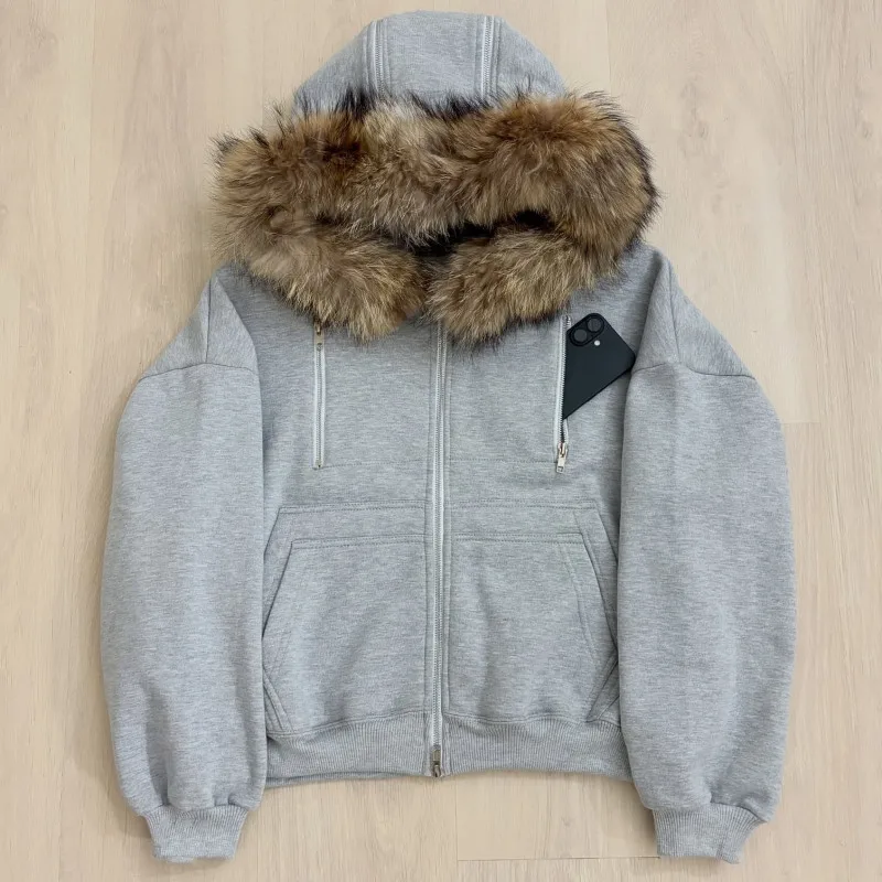 เสื้อฮู้ดมีซิปพิมพ์ลายเสือดาวสไตล์อเมริกันเรโทรแบบต่อผ้าสำหรับฤดูใบไม้ร่วงและฤดูหนาว