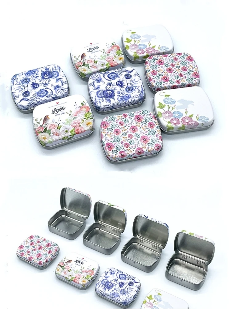 Vintage Floral Printed Iron Boxs Small Empty Metal Can Candy Tea Container Jewelry Boxs Flip Lid Storage Box Small Packaging Box