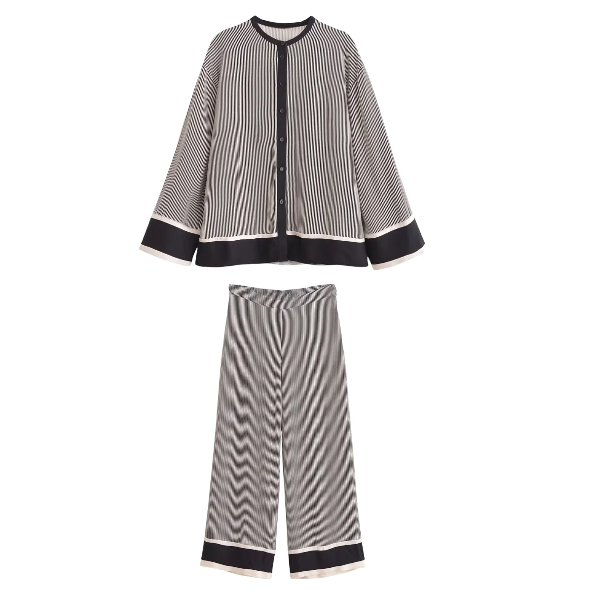 

BM&MD&ZA Womens New Chinese Style Striped Color Block Blouse Pants Set Stylish Contrast Trim Design Ladies Fashion Outfit