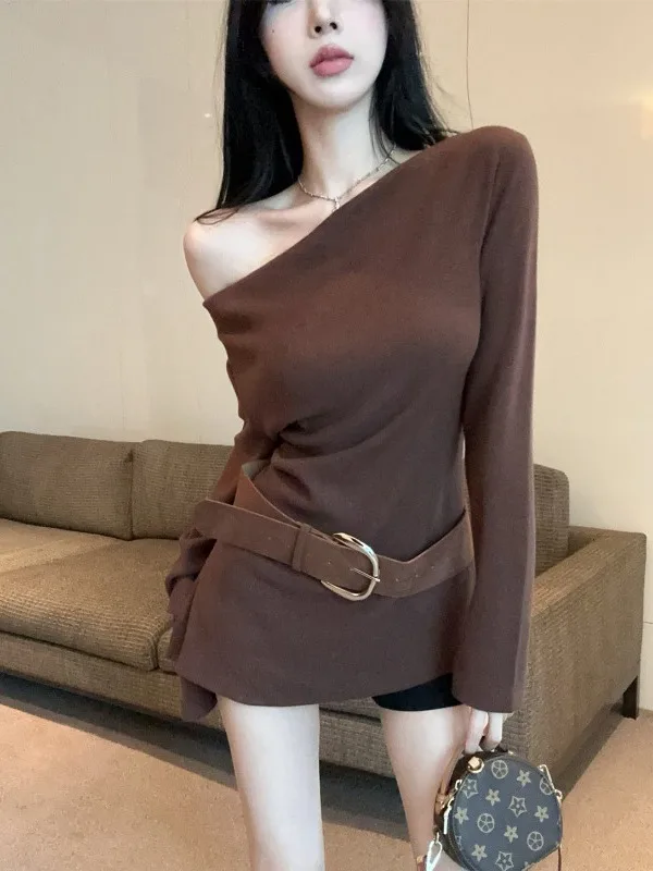 

Sweet Spicy Long Sleeve Shoulder Bared Women's T Shirt with Belt Two Piece Set Street Style Casual Autumn Fashion plus Size