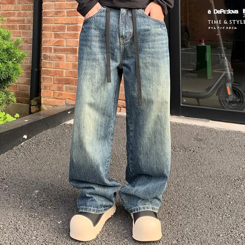 

Classic Blue Ripped Jeans Men Straight Leg Loosen Wide Pants Basic Design Spring Clothes Male