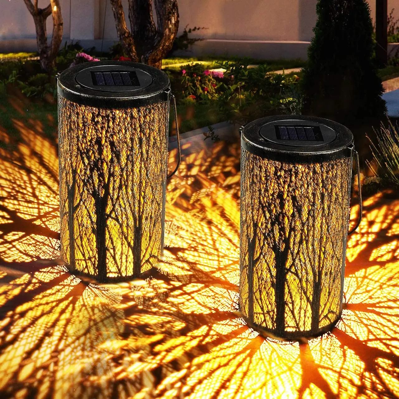 Outdoor Waterproof Metal Solar Projection Iron Lantern Birch Tree Hanging Standing Solar Garden Light Courtyard Walkway Decor