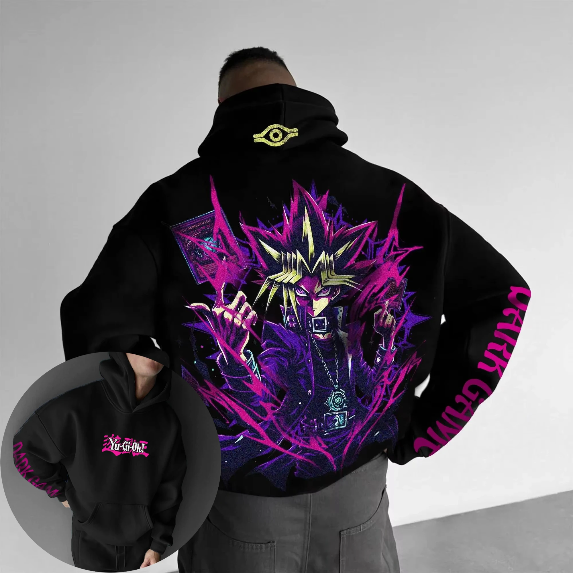 Yu-Gi-Oh! Anime colaboração hoodie 2025 masculino outono/inverno novo totem impresso harajuku oversized casual solto pai-filho topo