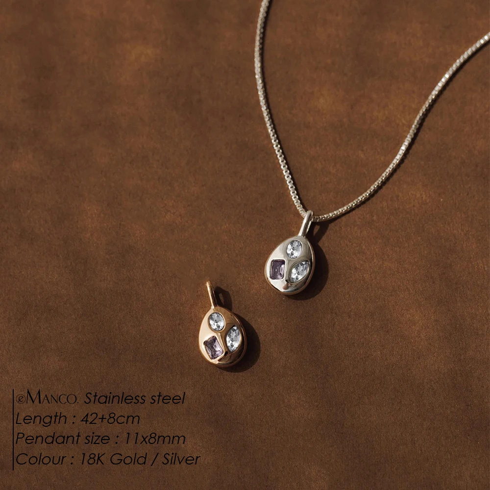 EMANCO Stainless Steel Teardrop Pendant Necklace with Mixed Purple and Clear Cubic Zirconia Minimalist Style for Daily Commute
