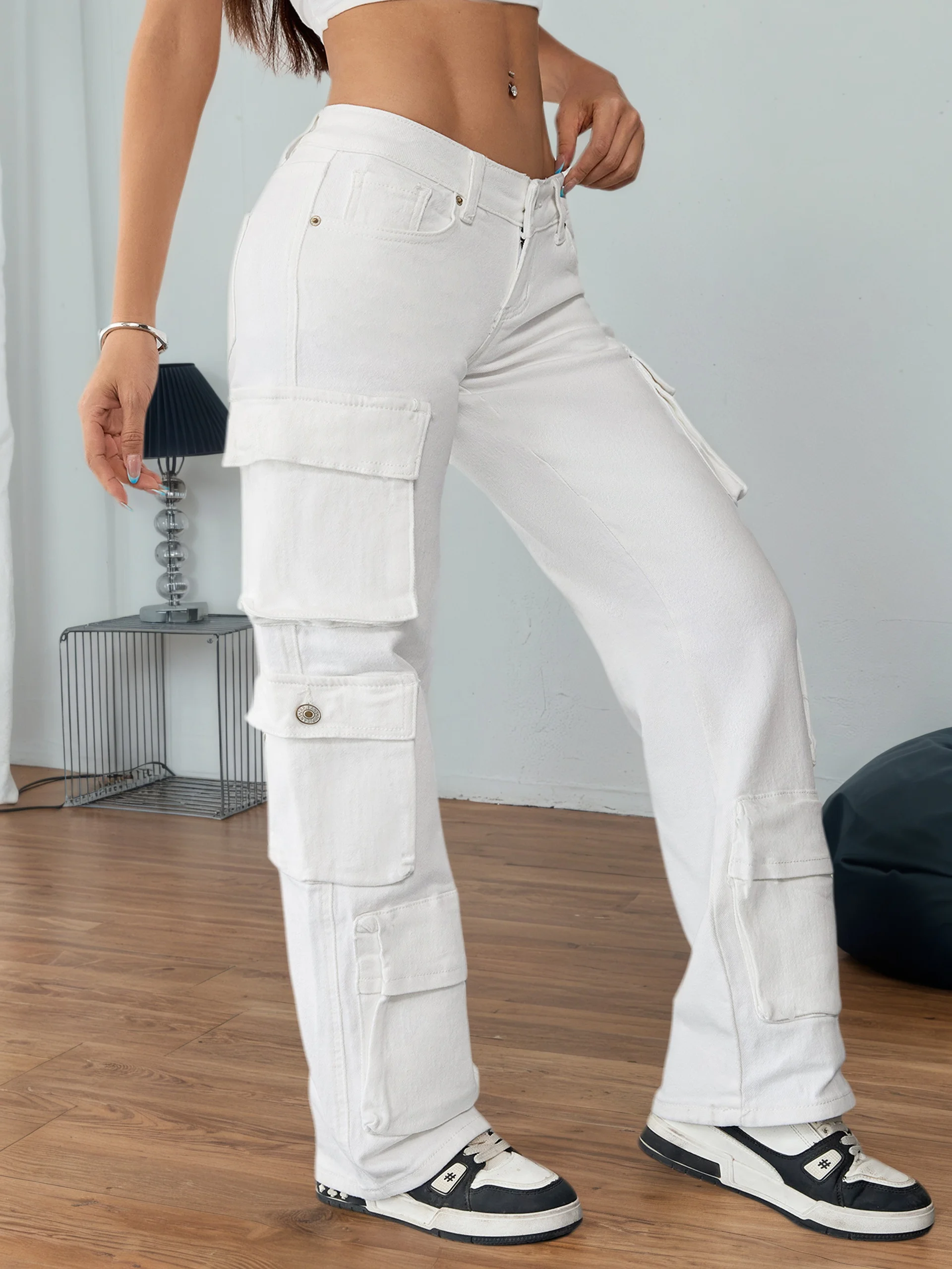 Jean Cargo blanc élégant pour femmes, taille haute, pantalon ajusté, poches utilitaires, minimaliste, Chic, vêtements en Denim, mode quotidienne