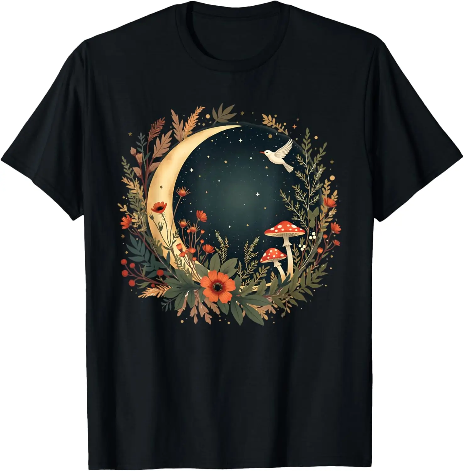 

Cottagecore Botanical Moon and Bird Graphic Tee Forest Goth Casual Trip Short Sleeve T-Shirt