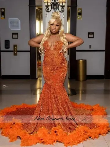 Glittrande Orange Balklänningar 2025 Långärmad Kristallpärlor Ädelstenar Paljetter Klänning Födelsedagsfestklänning För Svarta Flickor Anpassad 8 best sales bränd orange mantel - №3
