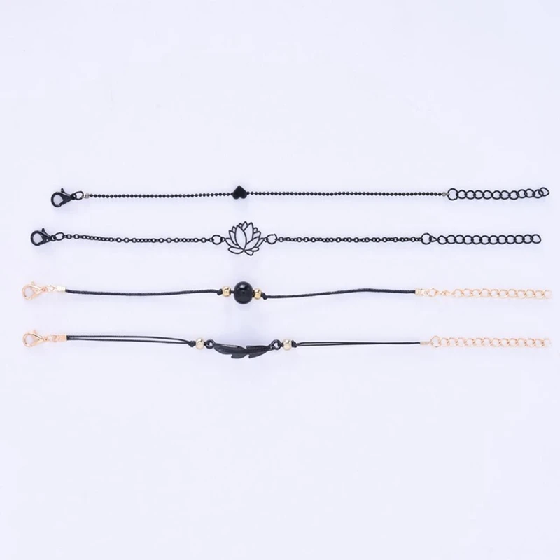 Fashionable 4 Piece Gothic Black Feather Lotus Bracelet Set Boho Style Ladies Bracelet