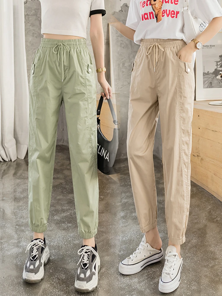 

Women's Summer Thin Ice Silk Qui Dry Casual Pants Loose Cuffed Nine Points Sports Trousers Harlan Pants Long Commute Sle