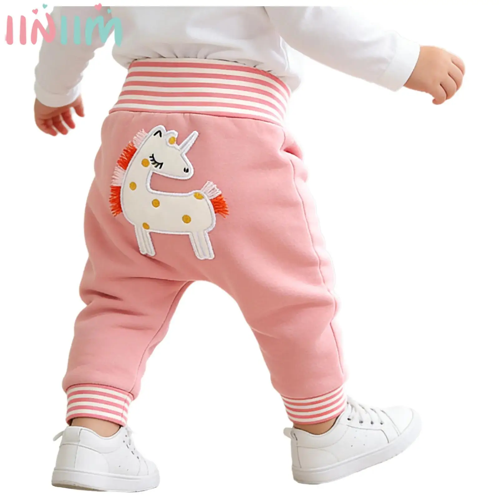 

Baby Boys Girls Cute Cartoon Pattern Fleece-Lined Jogger Pants Elastic High Waist Winter Warm Trousers for Casual Daily Wear