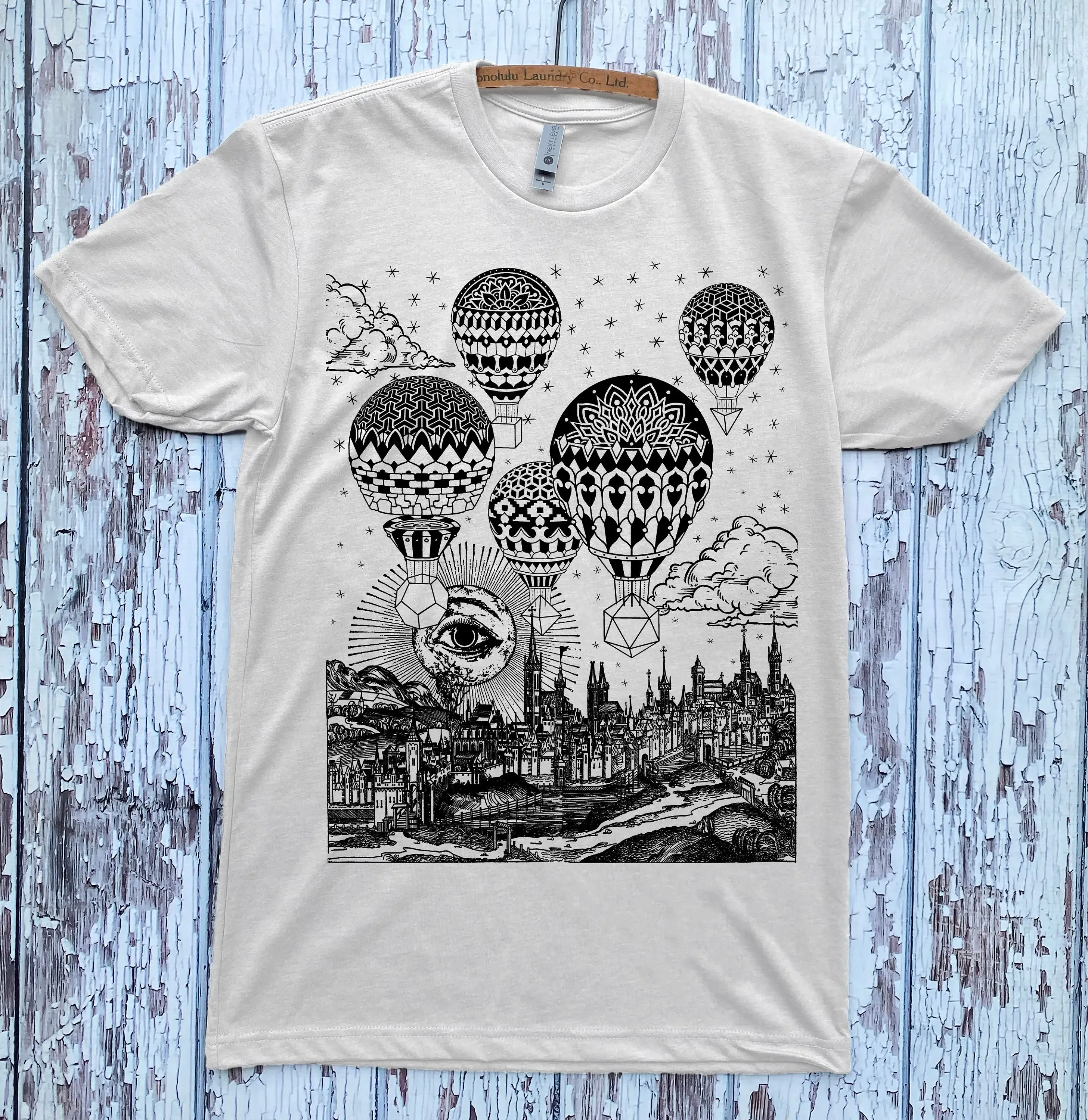 GRAVITATION Hot Air Balloon Mandala T Shirt SACRED GEOMETRY Hand Screen Psychedelic