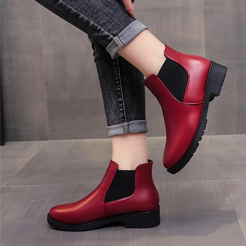 Large Size Short Boots Spring Autumn New Red Ankle Boots Round Head Thick Medium Heel Elastic Short Boots Slip on Casual Shoes