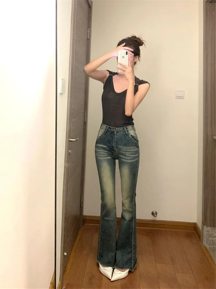 

American High Street Retro Blue Flared Jeans Women's High Waist Slimming Frayed Spring Autumn Tall Extended Floor-Length...