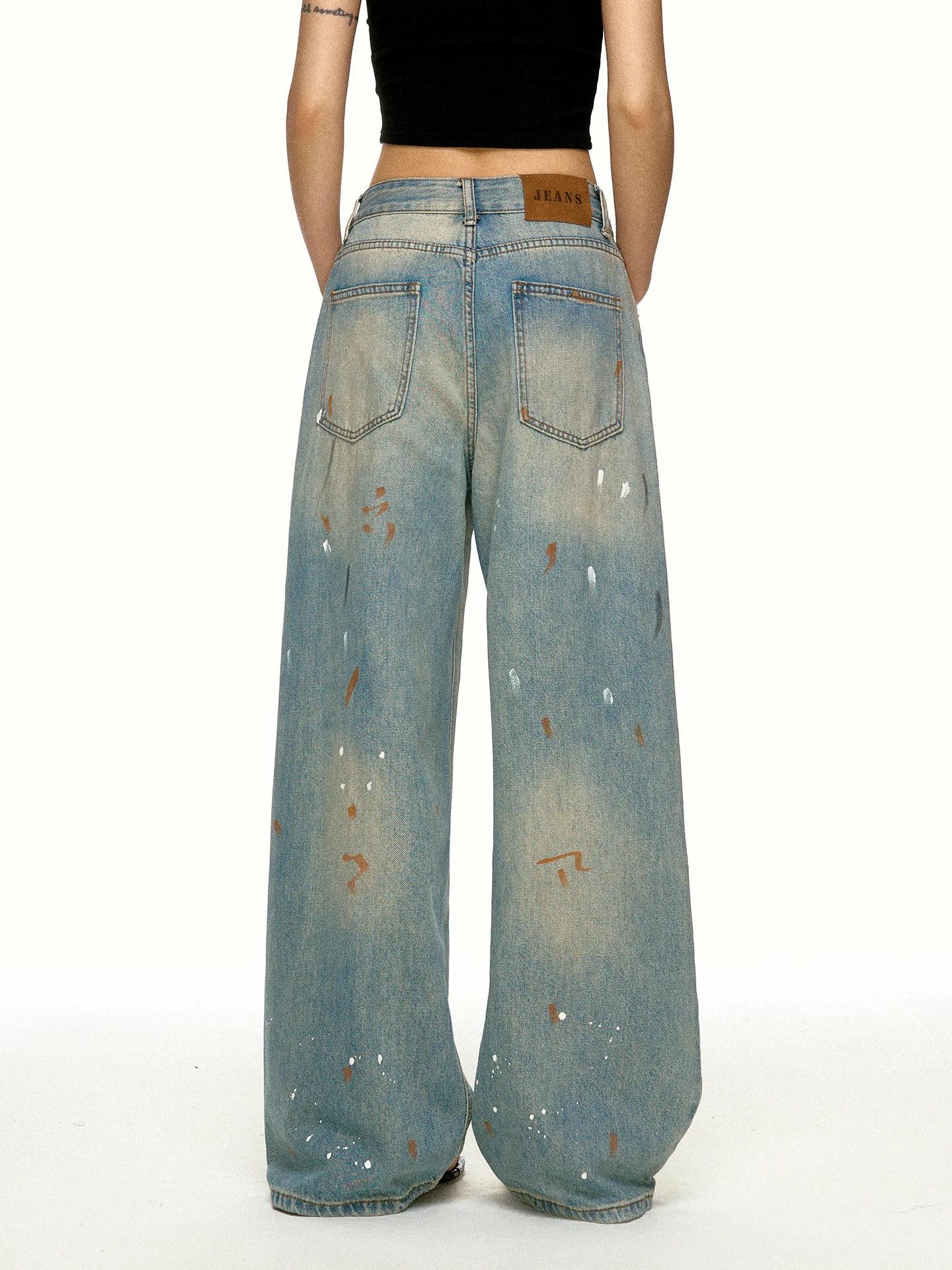 Aaisup Graffiti Washed Wide Leg Jeans Women's Summer Design Unique Versatile Draped Denim Pants Loose Fit Natural Waist