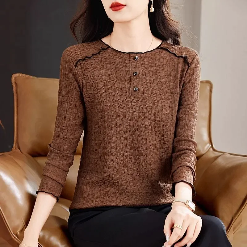 Round Neck Texture Bottoming Women's Spring and Autumn New Fashion Long-sleeved T-shirt Loose Top