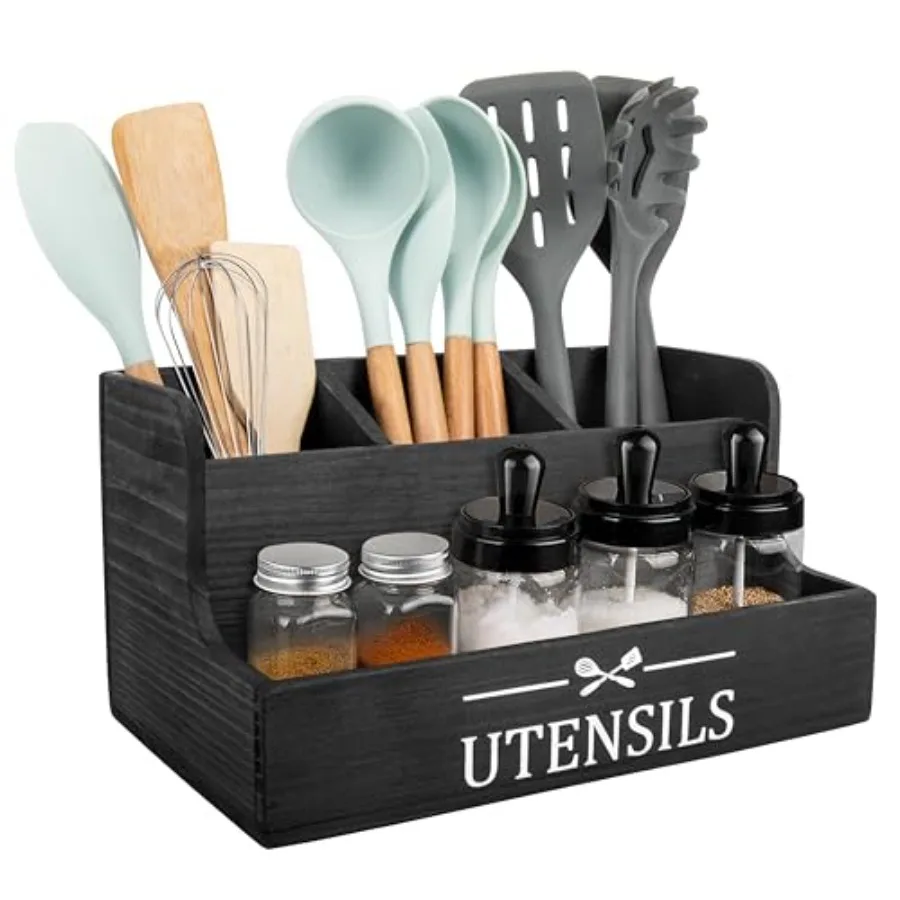 

Extra Large Kitchen Utensils Holder 4 Compartments, Wood Utensil Organizer for Kitchen Countertop, Farmhouse with Spice Storage