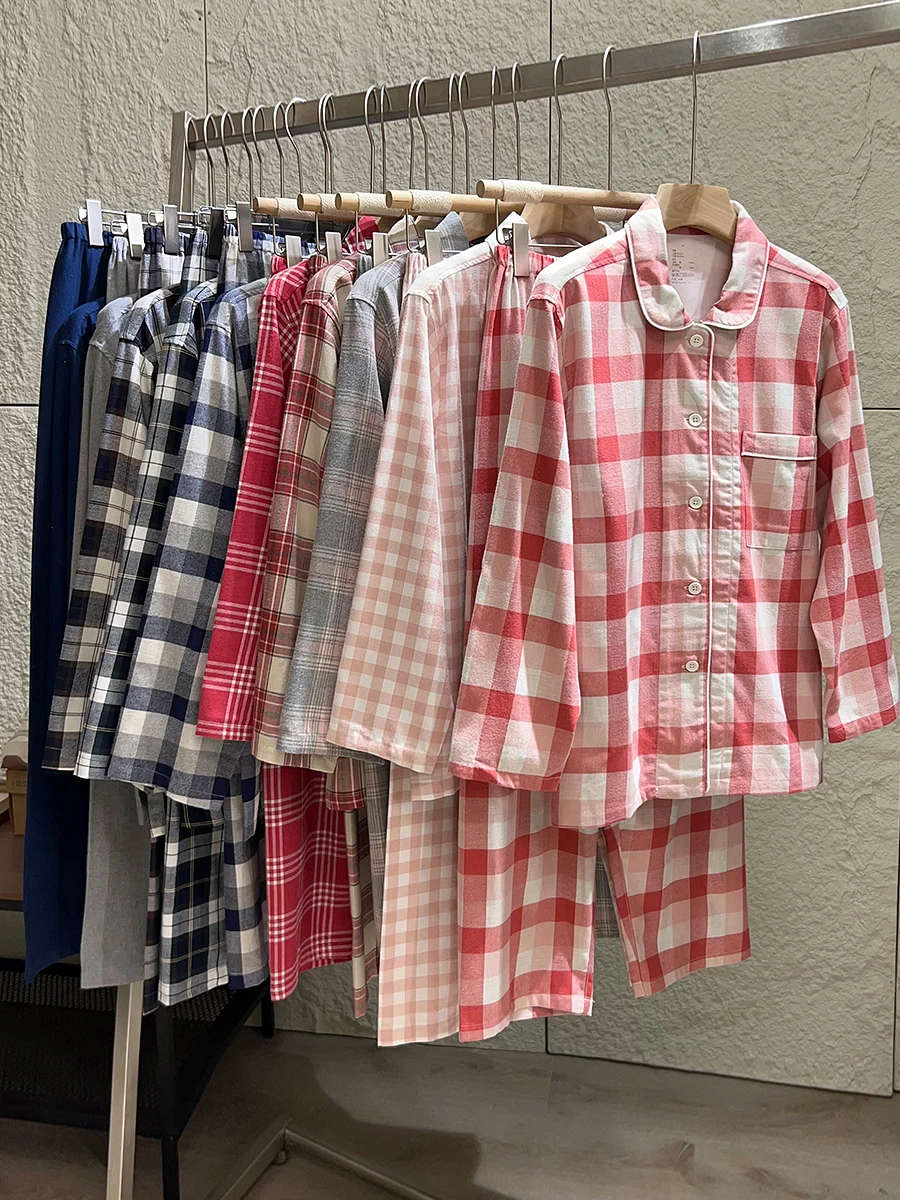 Soft Cotton Flannel Pajamas Set Couple's Casual Plaid Long Sleeve Home Clothes Sleepwear Comfortable Skin-friendly
